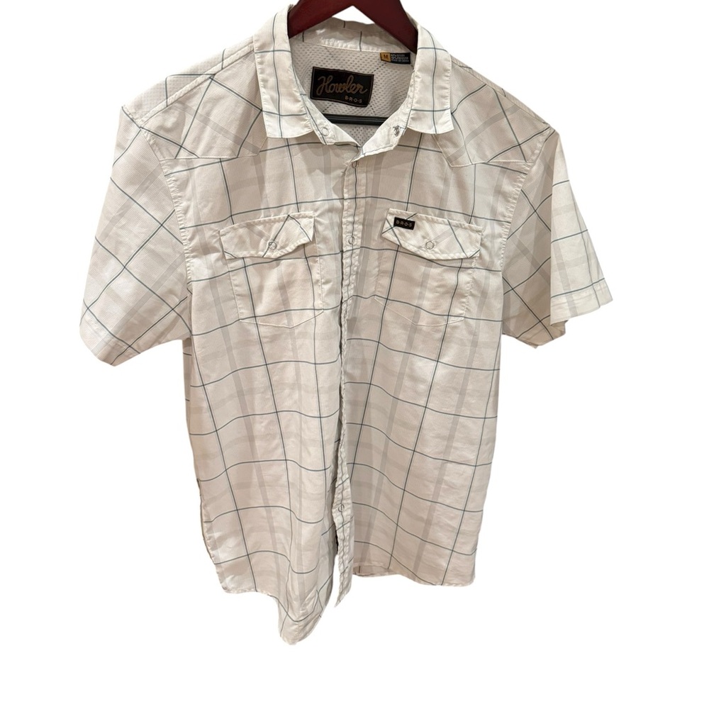 Howler Brothers White Plaid Shirt with snap button down  Med